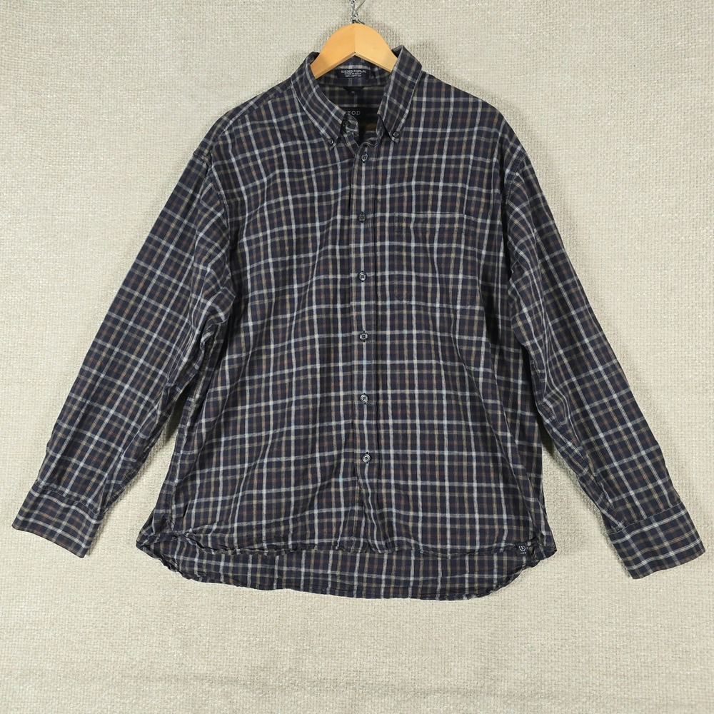 IZOD Mens XL Sueded Poplin Plaid Button Down Shirt Navy Blue Long Sleeve